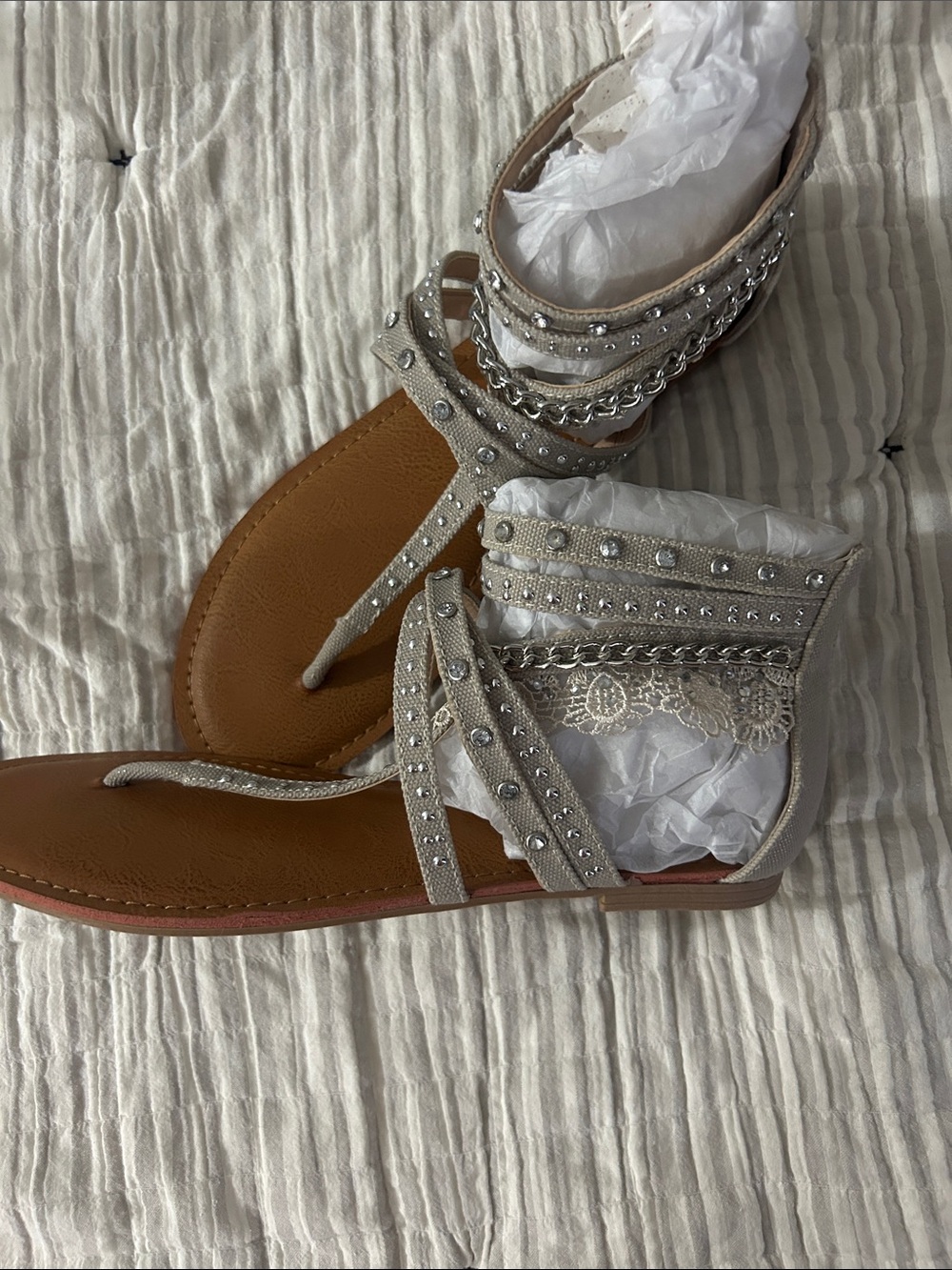 Not Rated Silver Studded Gladiator Sandals with Lace Trim - Women